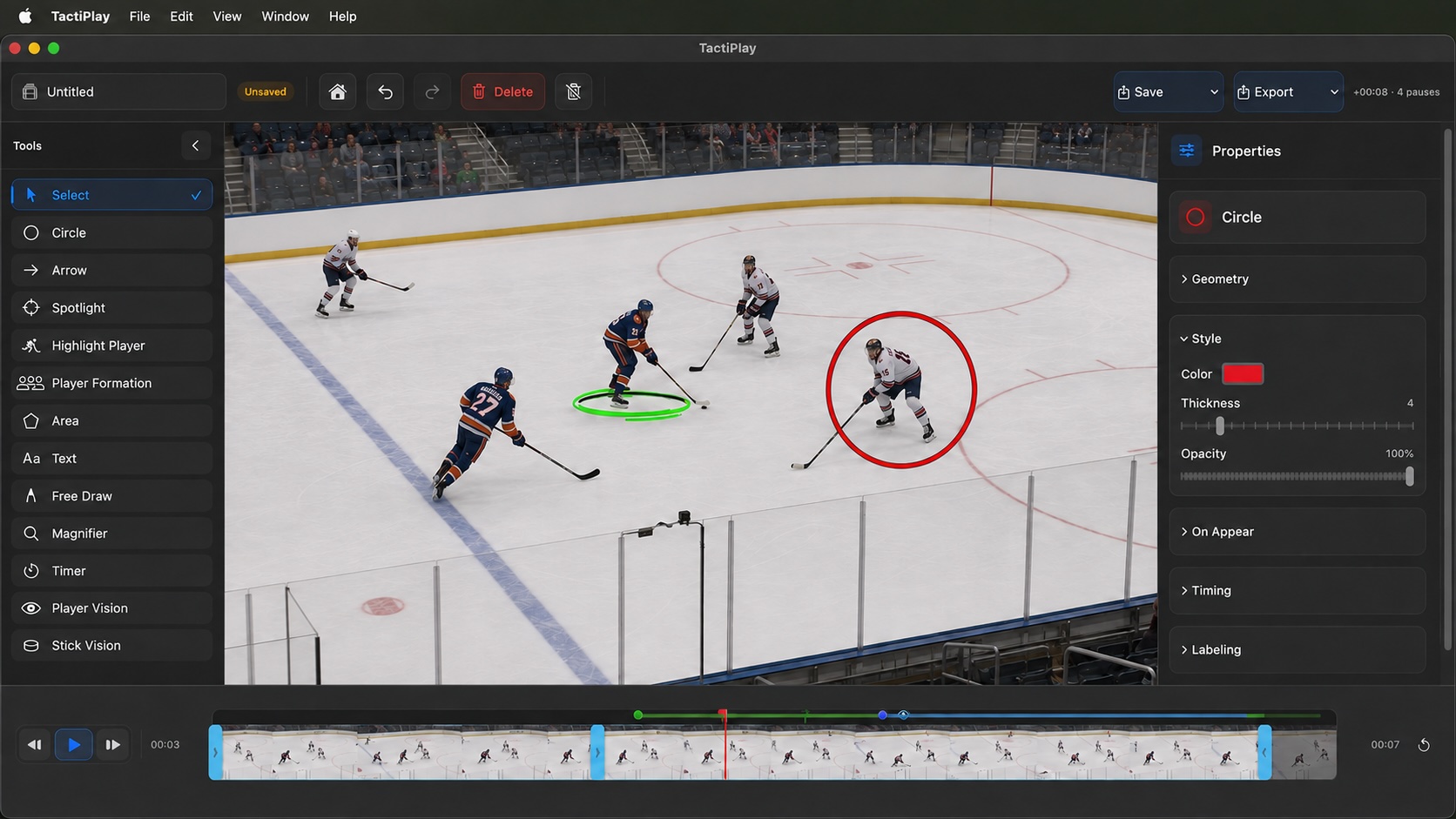 TactiPlay circle tool, properties panel, and analysis timeline