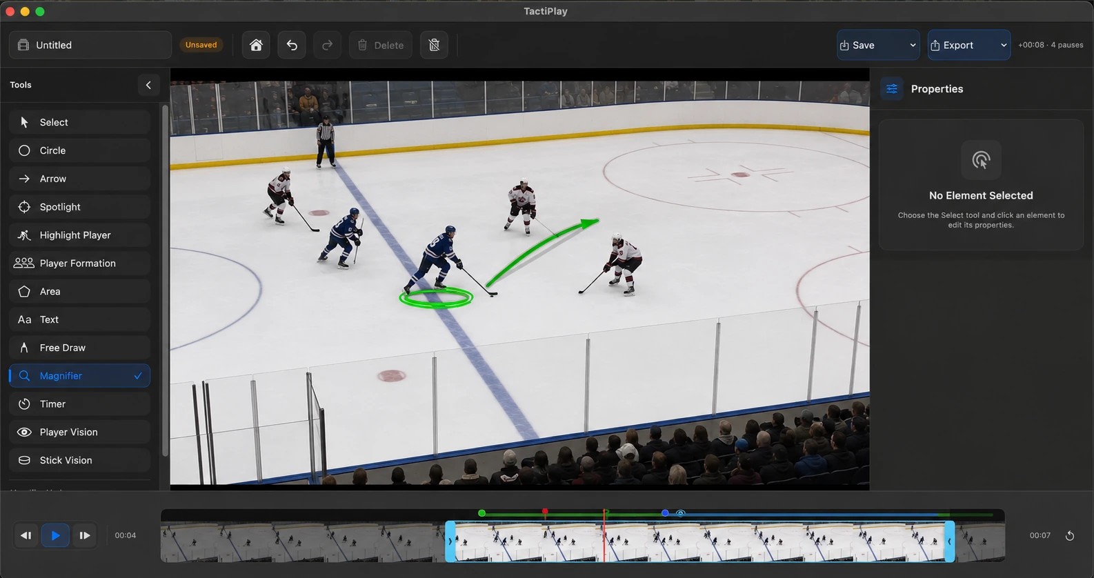 TactiPlay hockey video analysis interface with player highlight and tactical arrow